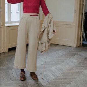 Base range Lhasa Beige Wide-Leg High-Waist Pants with tie